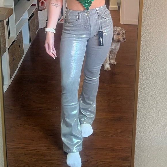 Fashion Nova Denim - Fashion Nova ‘Shine Bright’ Mid Rise Silver Foil Bootcut Jeans Size 3/25 | NWT